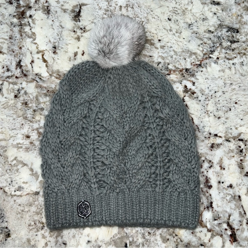 Vince Camuto Gray Cable Knit Fur Pom Pom Beanie - Picture 6 of 6